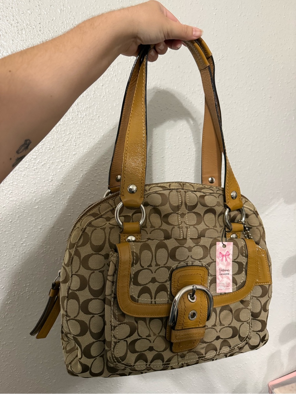 Coach SoHo Satchel Signature Canvas Shoulder Bag in Tan with Camel Trim